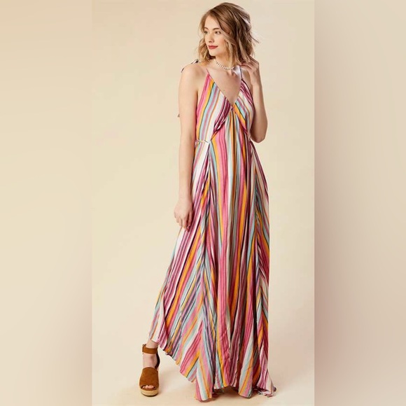 Altar’d State Quesada Striped Maxi Dress Tie Shoulder & Waist Front Slit size S - Picture 2 of 13